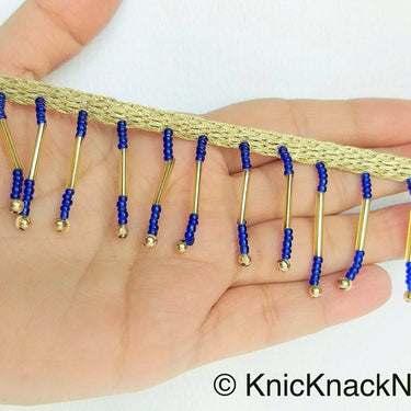 Gold Fringe Trim With Gold and Blue Beads Dangles, Beaded Tassels, Approx. 35mm wide